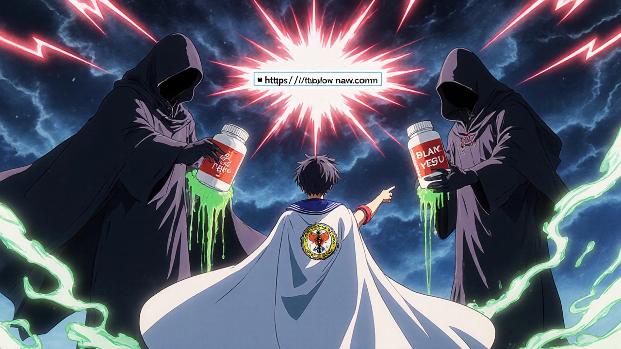 A heroic figure defeats scam merchants selling fake pills, with a glowing VIPPS seal shining as a symbol of safety.