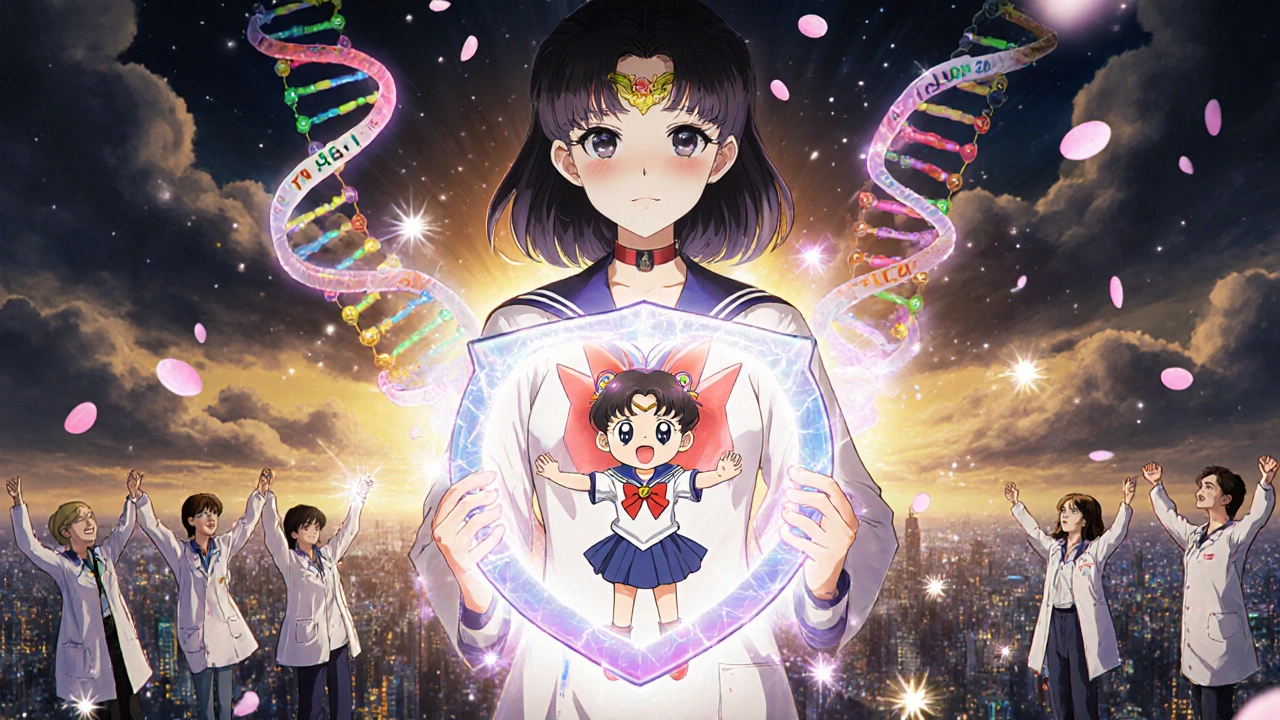 A woman holding a glowing DNA strand protecting a child from dangerous pills, with sakura petals and sunrise.