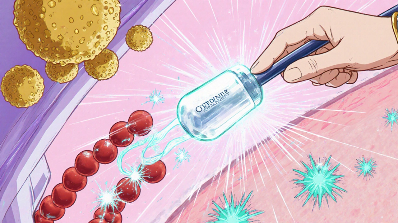 Animated bacteria being shattered by a glowing Cefdinir capsule