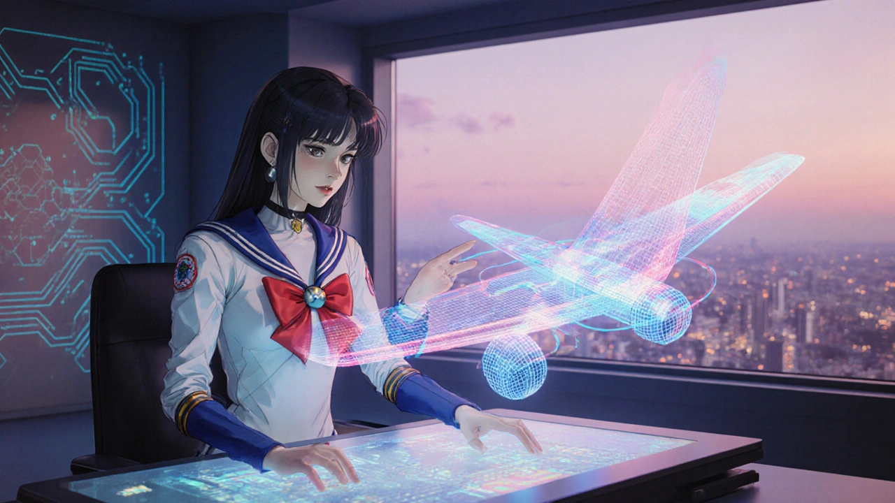 Anime engineer uses holographic FEA on a wing with animated stress lines.