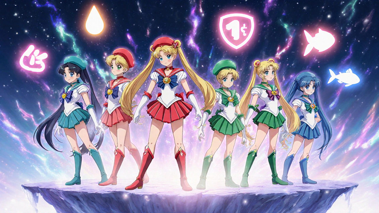 Anime heroes representing different cholesterol medicines standing together with glowing icons.