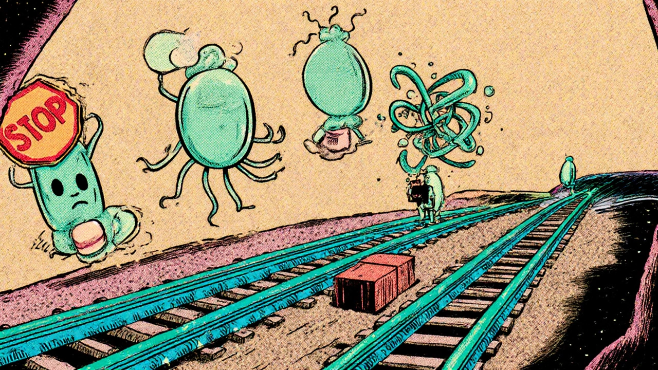 Cartoon cell showing colchicine blocking microtubule tracks and neutrophil movement.
