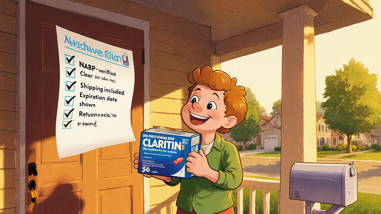 Cartoon of a customer receiving a Claritin box with a checklist of safety items.