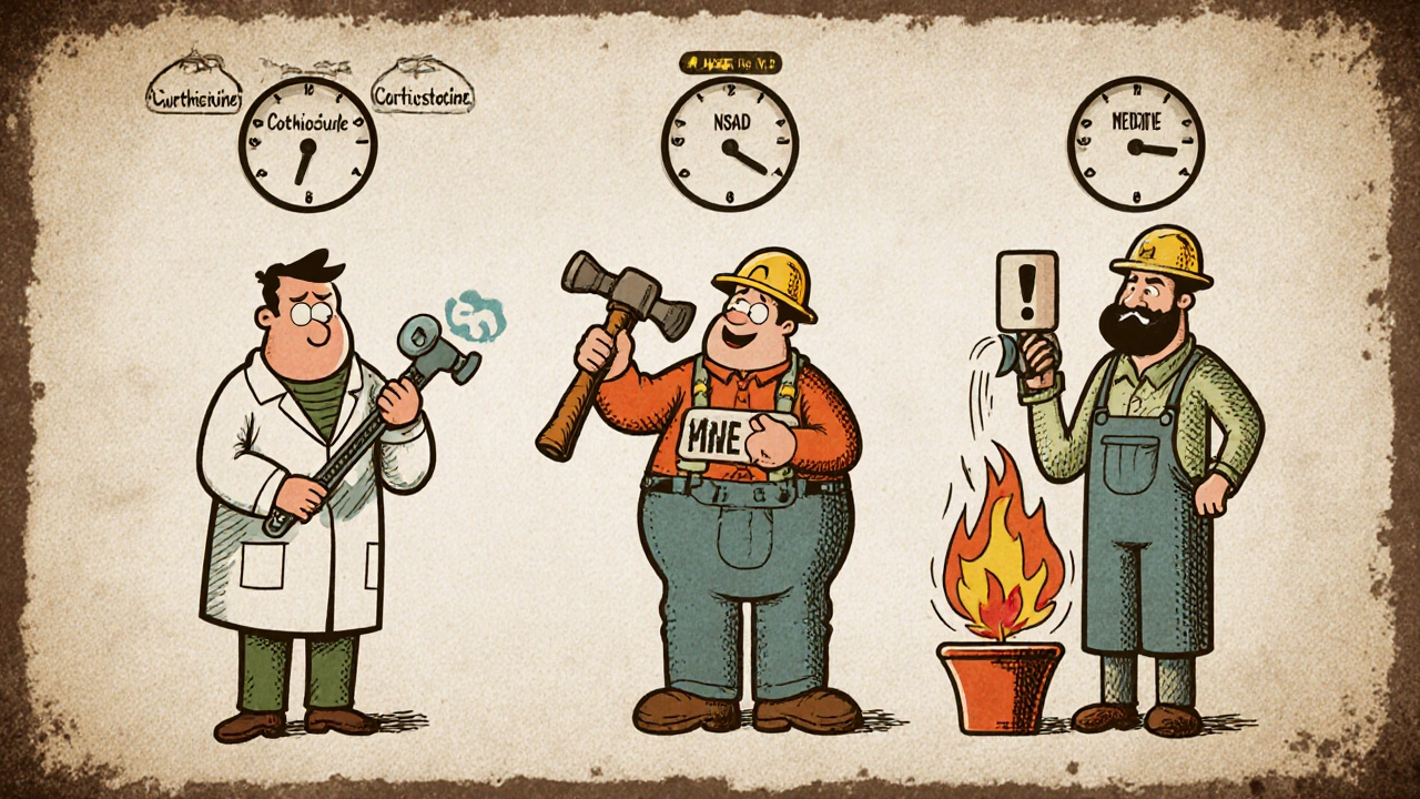 Cartoon trio of gout drugs as characters with a clock indicating onset speed.