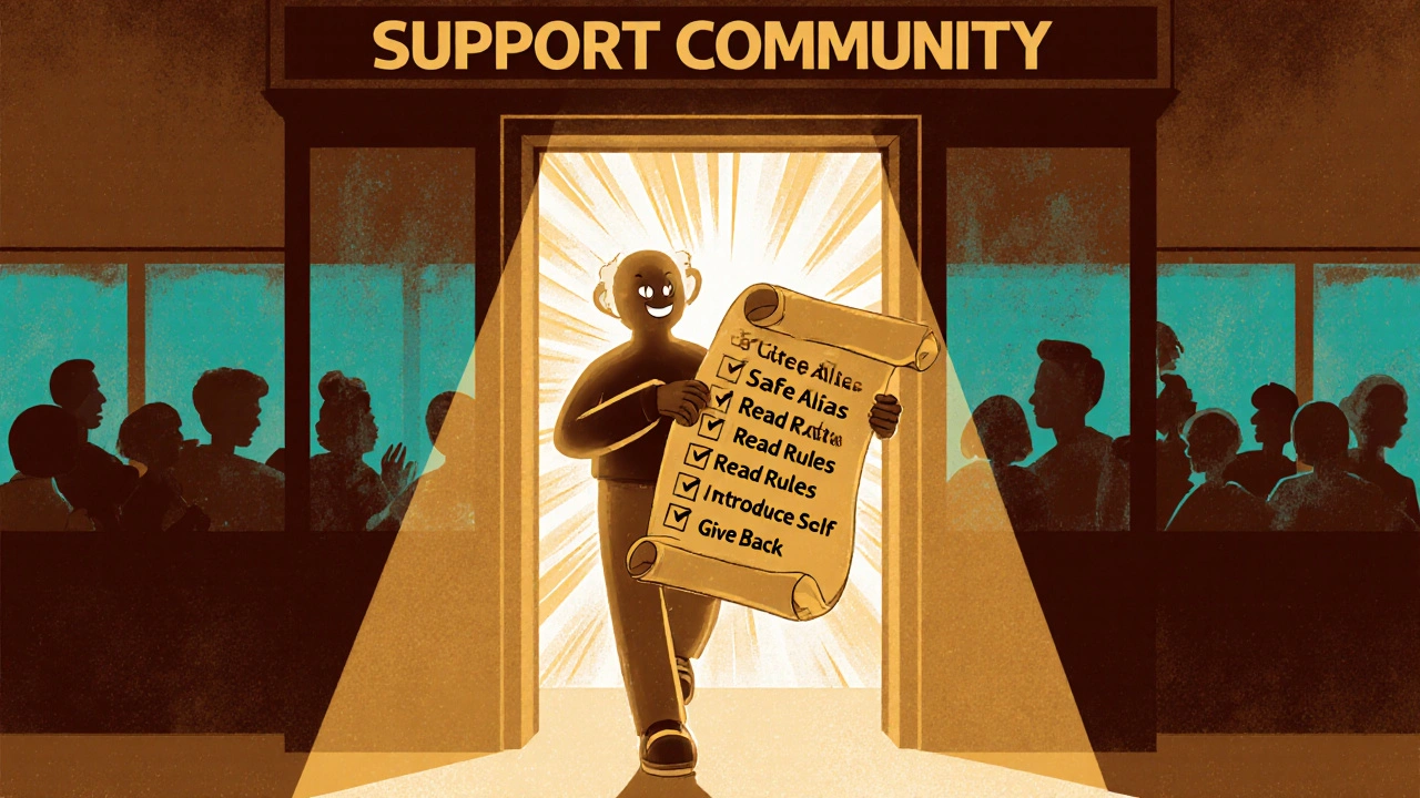 Character steps through doorway labeled Support Community, holding a checklist with tick marks.