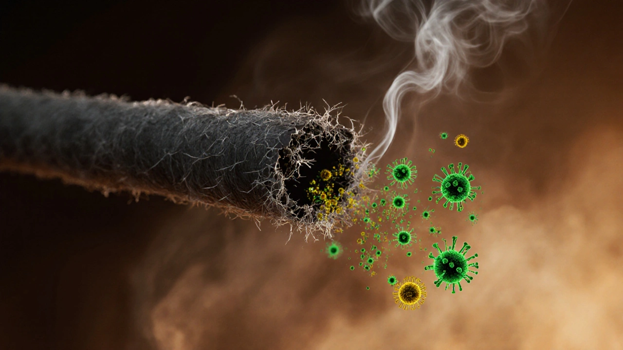 Close‑up of damaged airway cilia with germs moving toward alveoli in smoky background.