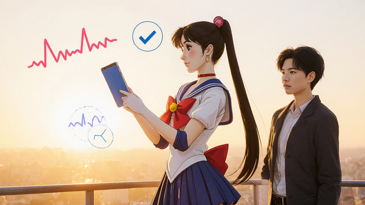 Confident woman holds a blue tablet at sunrise, partner watching supportively.