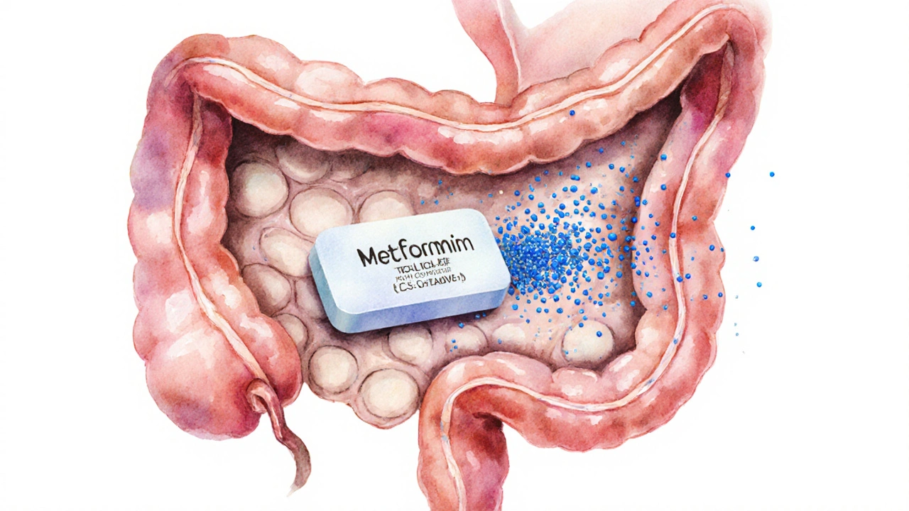 Cross-section of intestine showing XR metformin tablet releasing particles slowly beside an IR tablet.