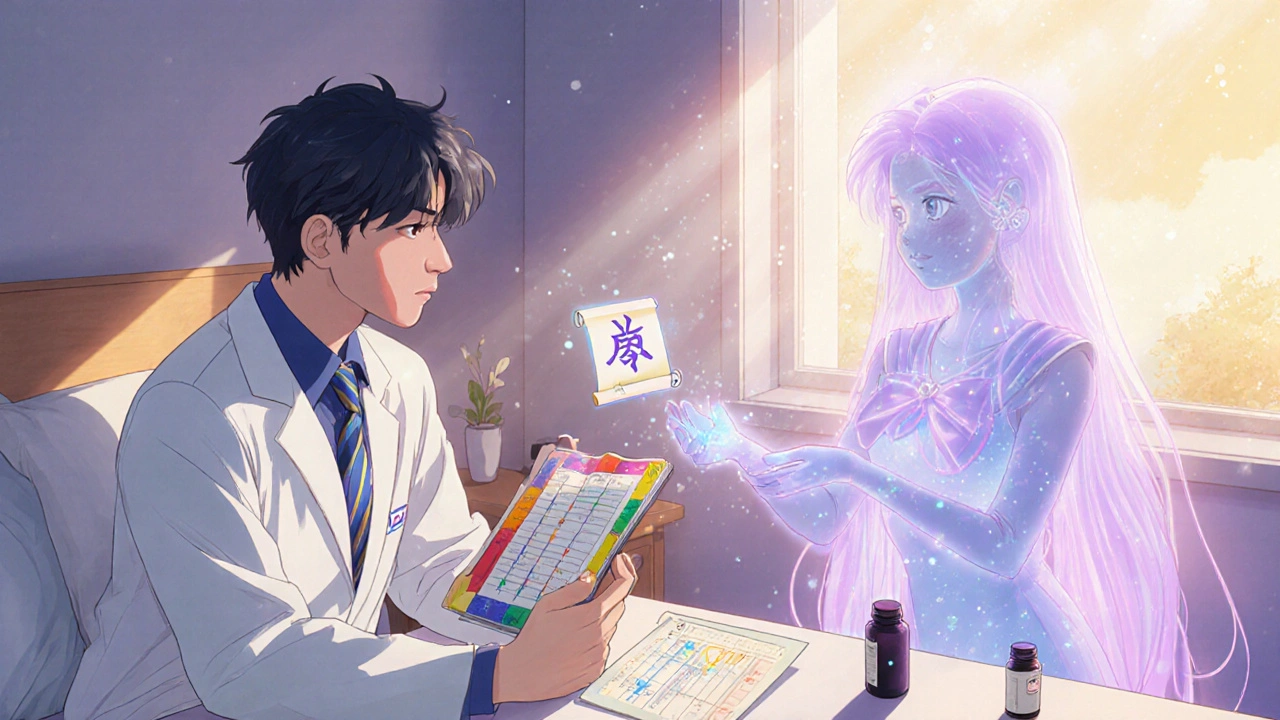 Doctor and patient discuss sleep, with a morning sun, swapped pill bottles, and a soothing therapist figure.