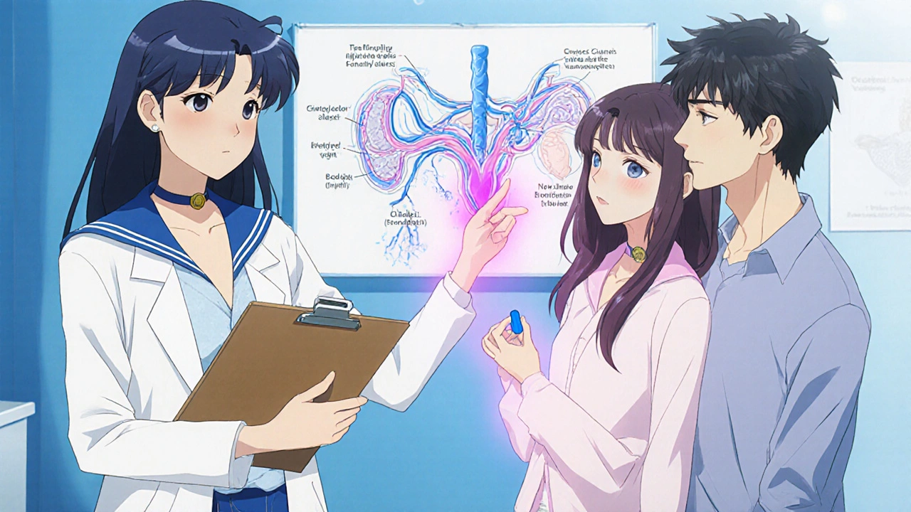 Doctor explains blood flow diagram while couple looks supportive, with a blue pill nearby.