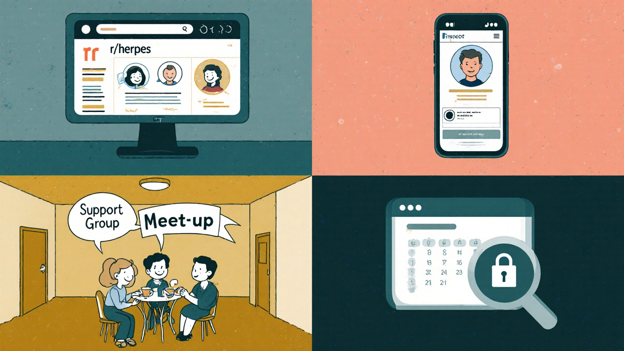 Four cartoon panels show forum, Facebook group, local meetup, and Zoom hybrid support group.