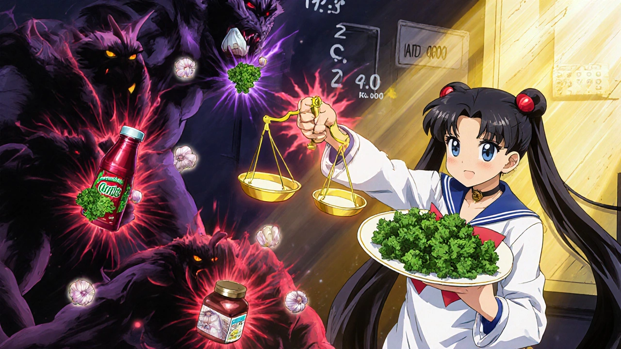 Hero battling food monsters with a scale of consistency, INR numbers glowing in the air.