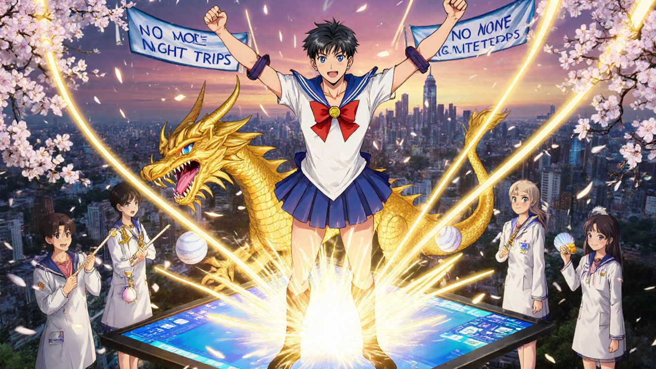 Hero standing on ultrasound dragon, prostate shrunk, surrounded by medical symbols.