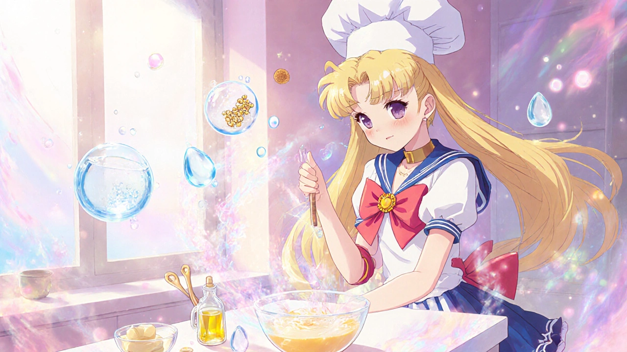 Heroine in magical chef hat mixes DIY Allantoin lotion with glowing ingredients.
