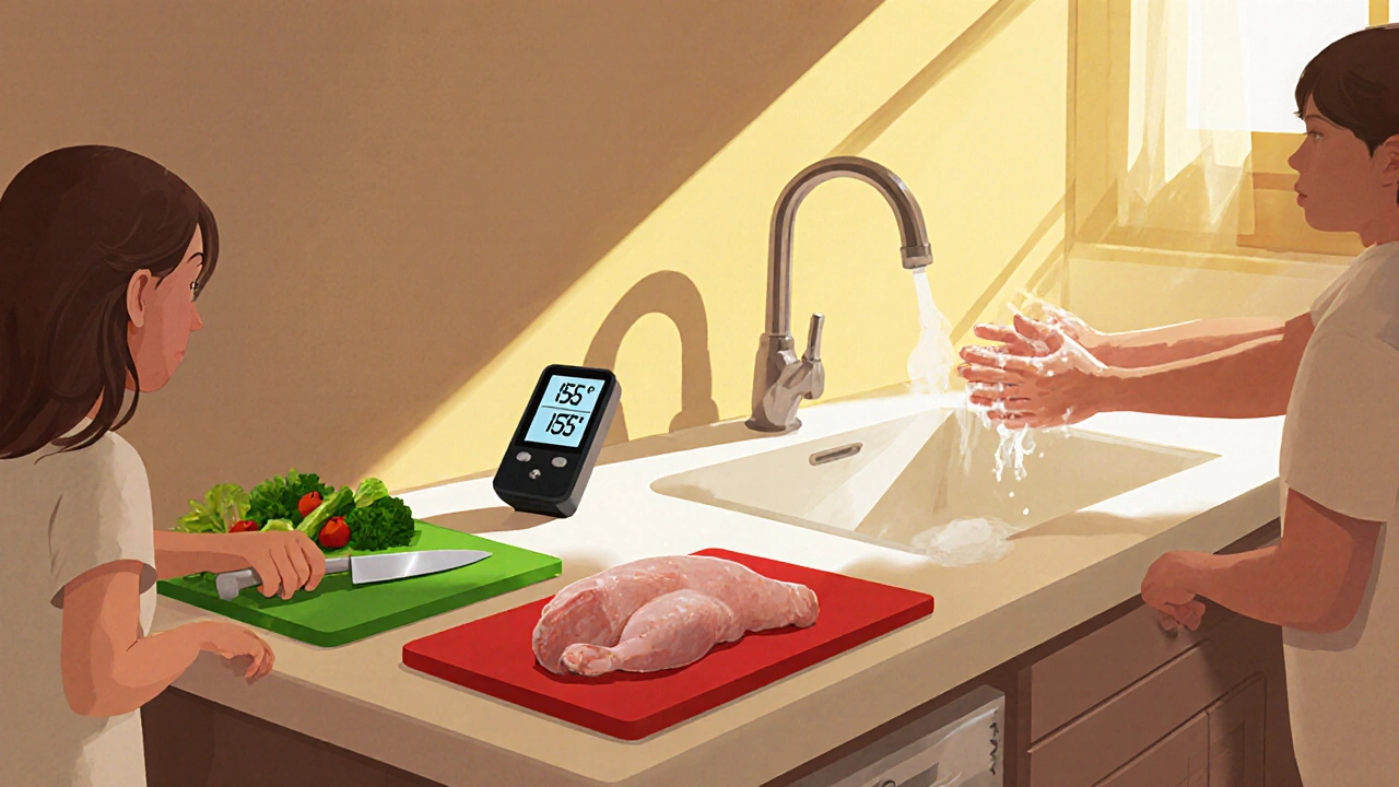 Home kitchen illustration showing separate cutting boards, thermometer, and hand washing.