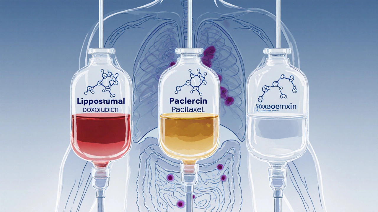 Illustration of infusion bags for doxorubicin, paclitaxel, and bleomycin with tumor diagram.