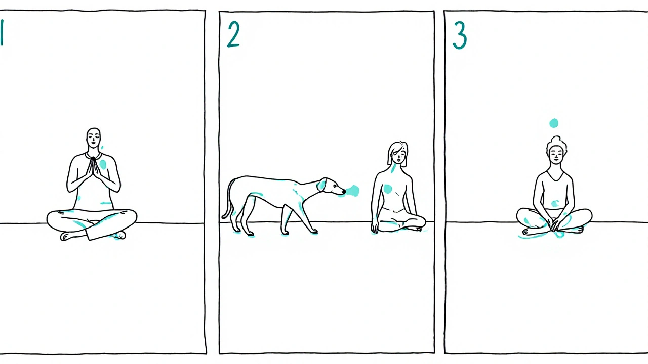 Line‑art storyboard of breathing, yoga sequence, and meditation.