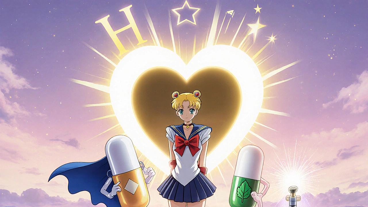 Patient stands beside a golden heart shield with friendly pill characters representing alternatives.
