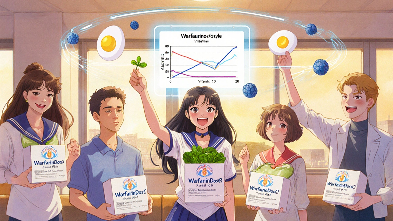 Patients smiling in clinic with meal kits, holographic INR chart, safe foods floating protectively around them.