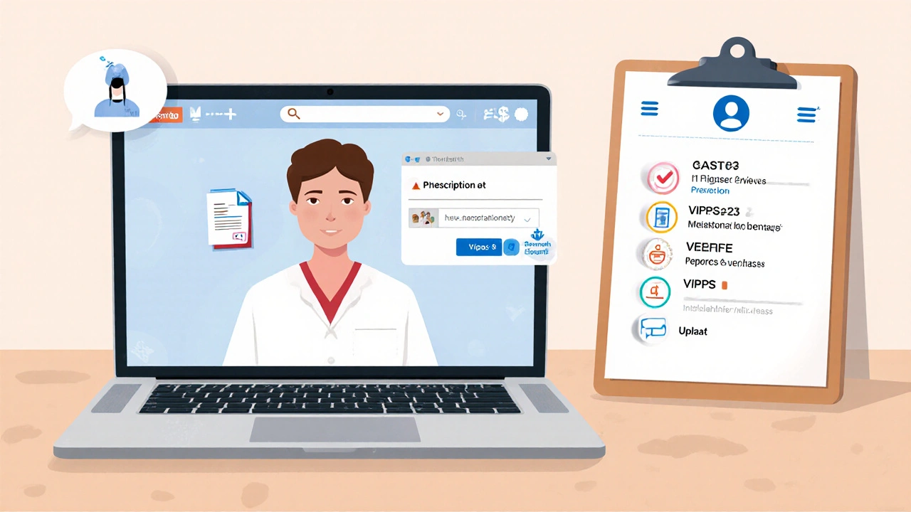 Person on laptop during telehealth call, showing prescription and certified pharmacy website.