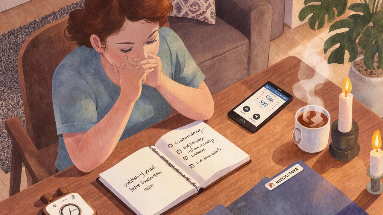 Person sitting at a table, breathing, writing, holding medical papers, and making a phone call.