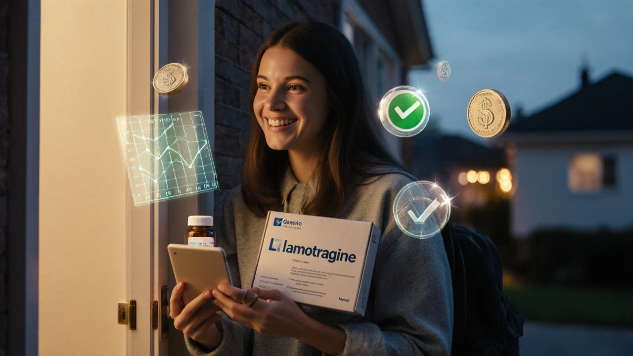 Recipient opening a delivery box with lamotrigine bottle, surrounded by icons of savings.