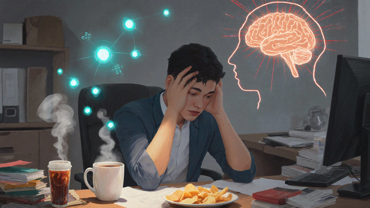 Stressed office worker with coffee, soda, chips, and visual cues of calcium loss and migraine aura.