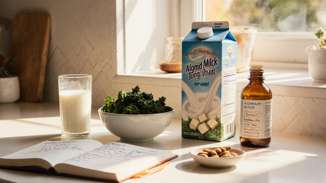 Sunlit kitchen counter with calcium‑rich foods, migraine diary, and supplement bottles.