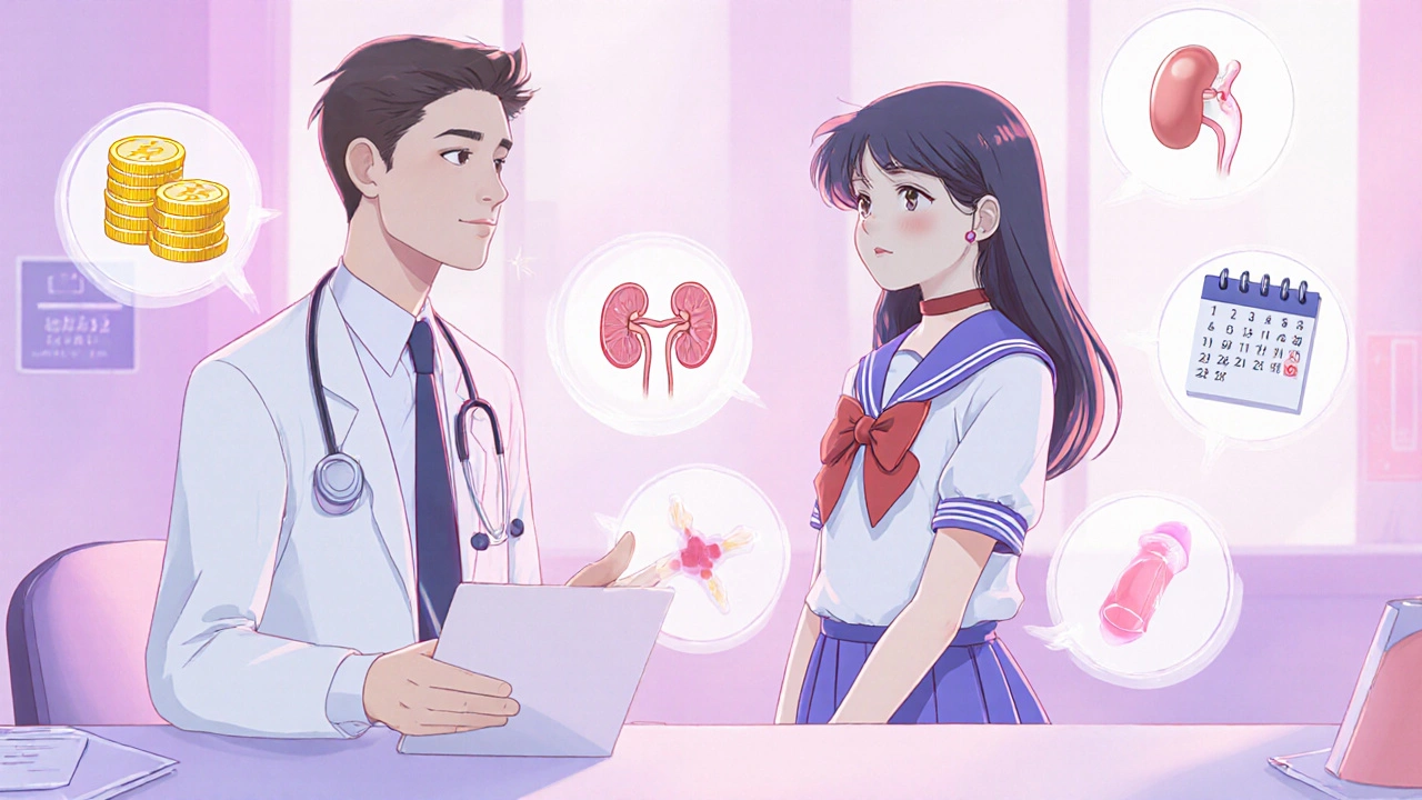 Teen patient and doctor discussing treatment, surrounded by symbols for cost, safety, and dosing.
