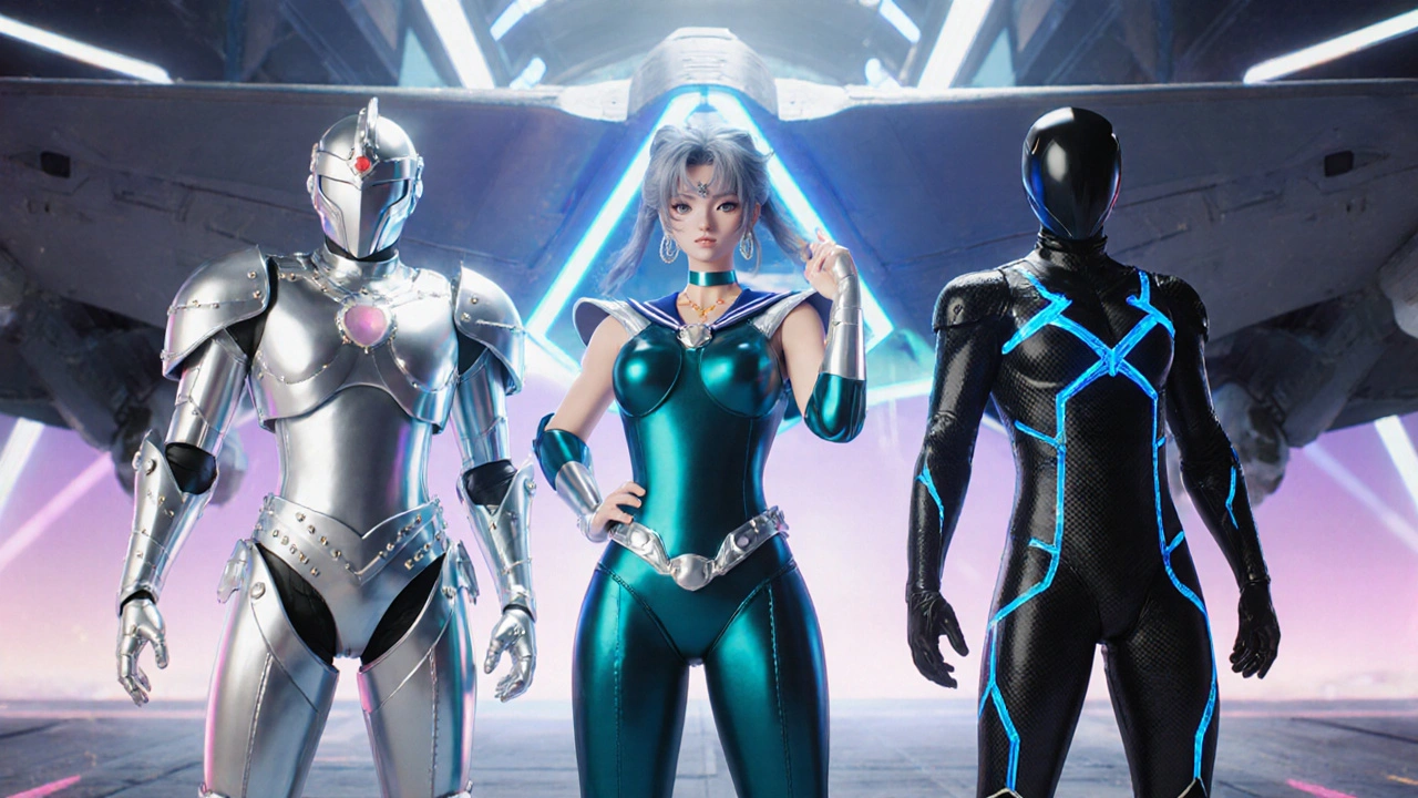 Three anime guardians for aluminum, titanium, and carbon fiber pose by a glowing wing.