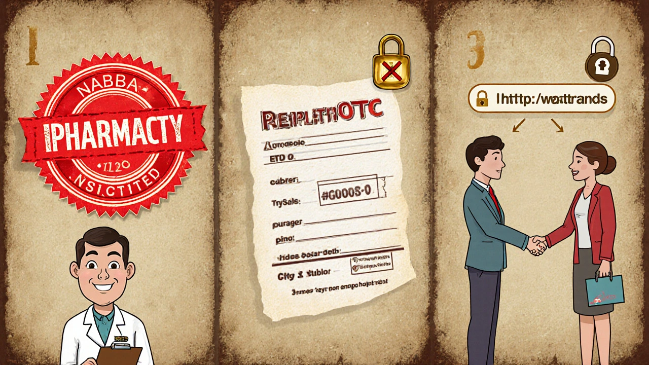 Three-panel cartoon showing pharmacy seal, OTC label, and secure checkout icons.