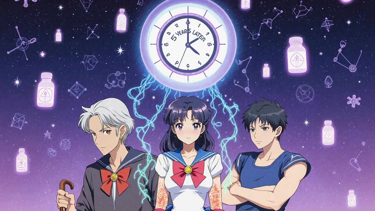 Three patients connected by glowing threads to a clock labeled '5 Years Later', in soft cosmic colors.