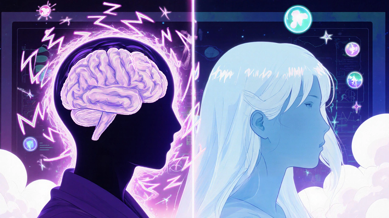 Two anime characters personify lipophilic and hydrophilic statins, showing one crossing a brain silhouette.
