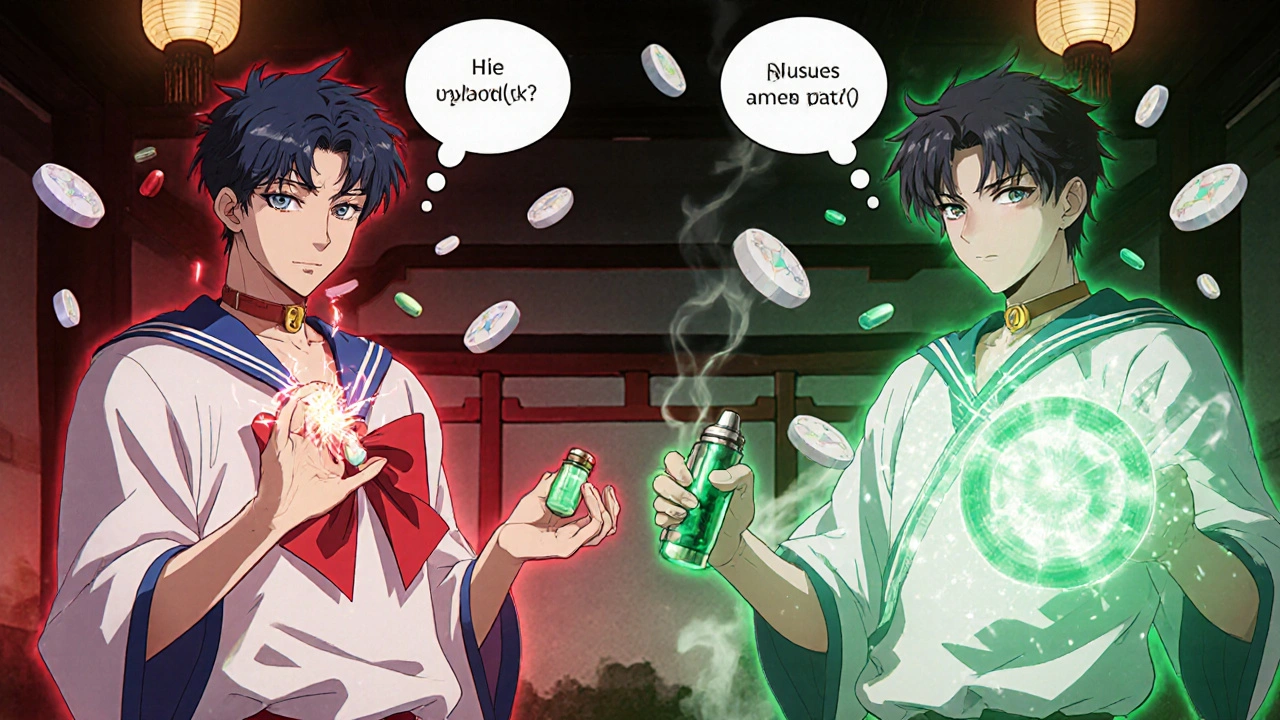 Two characters comparing Flomax and UroLift treatments with magical energy auras.