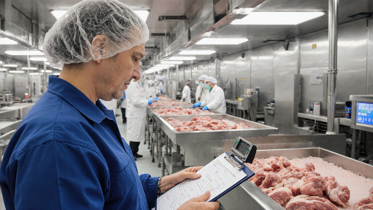 USDA inspector checking temperature on a meat conveyor in a bright processing plant.