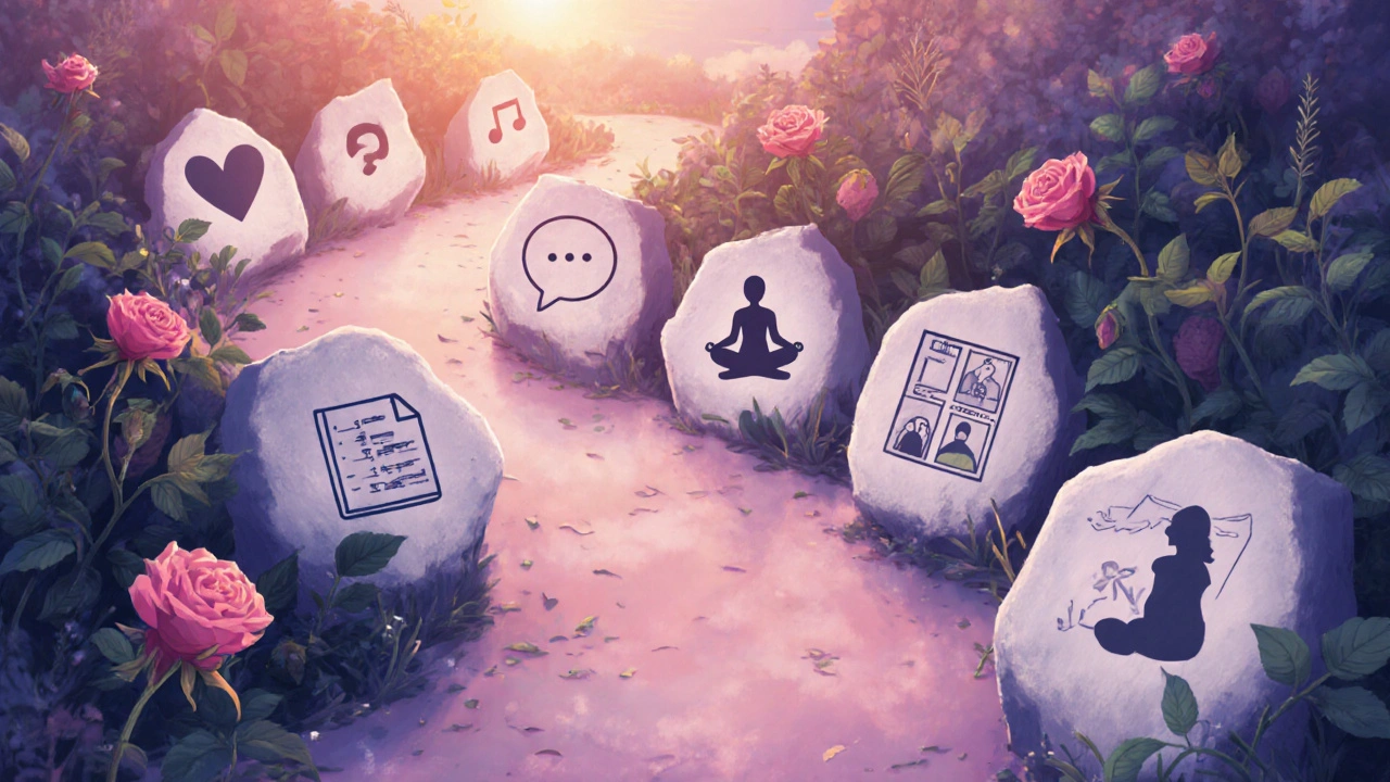 Walking path in a garden marked with seven icons illustrating a week‑long grief‑care plan.