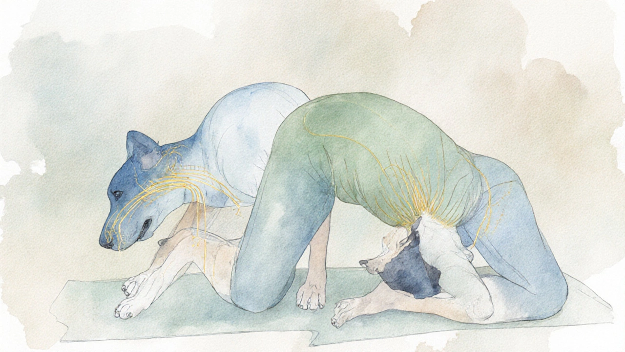 Watercolor of yoga poses with glowing lines showing scalp blood flow.