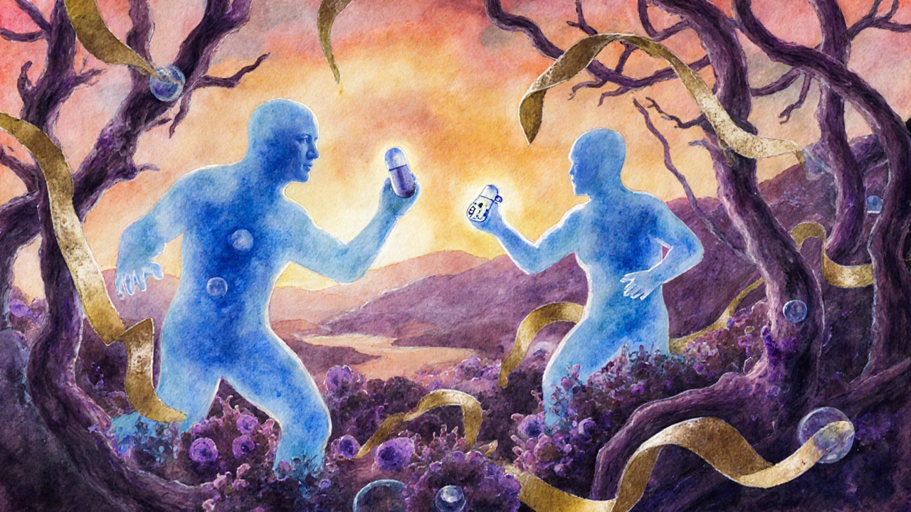 Watercolor scene of immune cells, ART pills, and chemotherapy ribbons fighting KS nodules.
