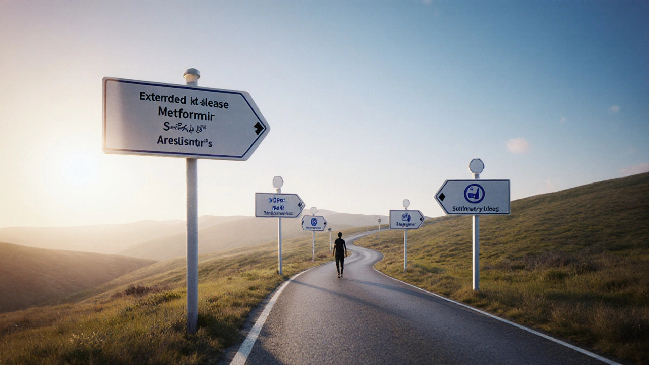 Winding road with medication signposts and a person walking forward, symbolizing treatment steps.