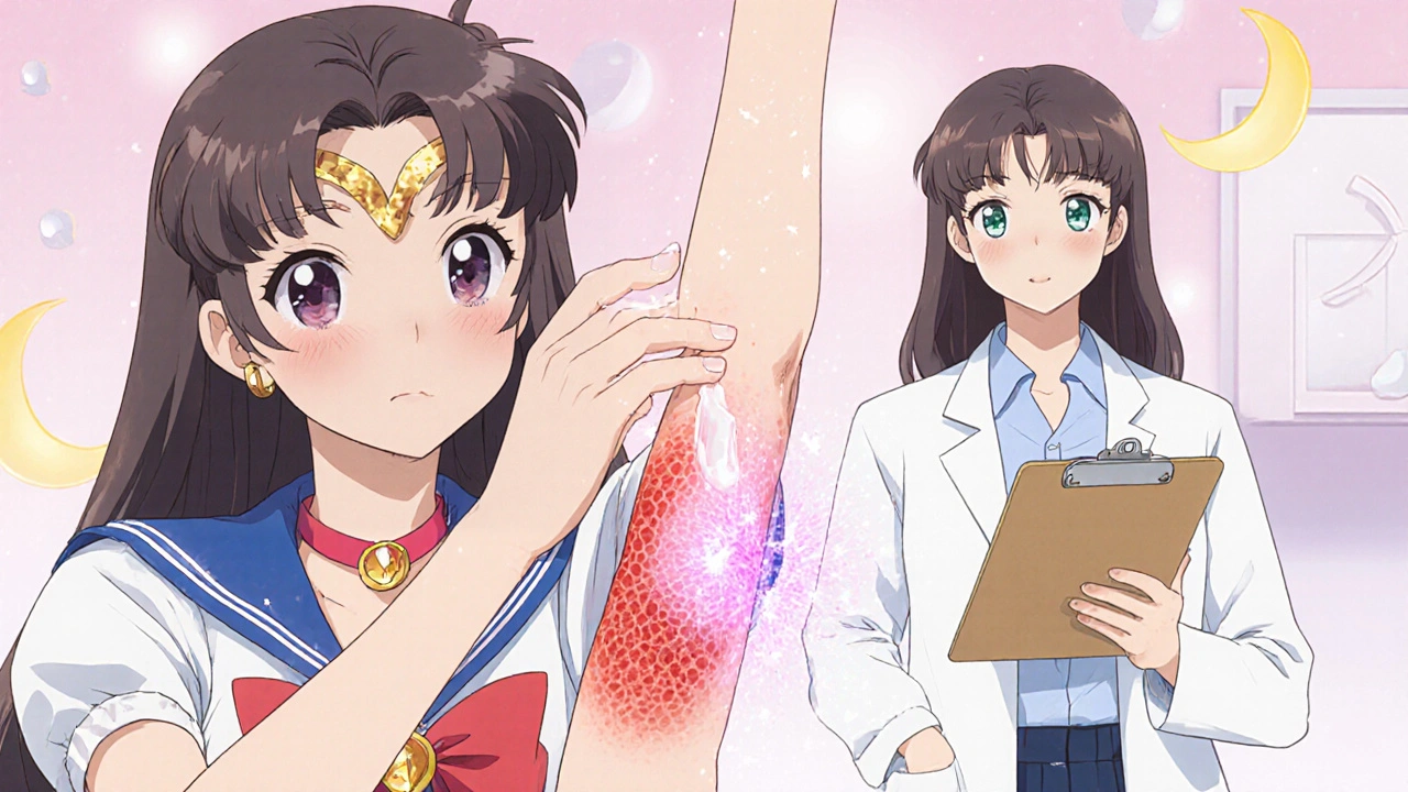 Woman applies cream to elbow patch, skin clears with gentle anime illustration.