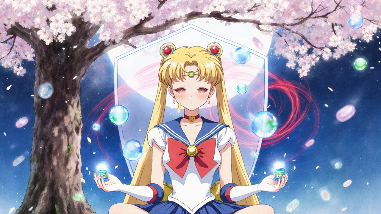 A calm woman meditating with safe supplements, protected by a shield from harmful ashwagandha energy, under cherry blossoms.