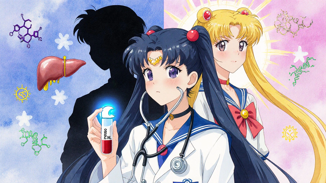 A doctor holds a glowing blood test vial while a patient transforms from weak to vibrant, surrounded by sun rays and muscle symbols.