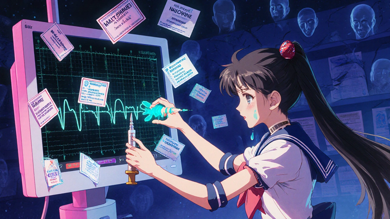 A girl in a sailor uniform reaches for a naloxone syringe as heart monitor flatlines, surrounded by floating drug labels and fading ghosts.