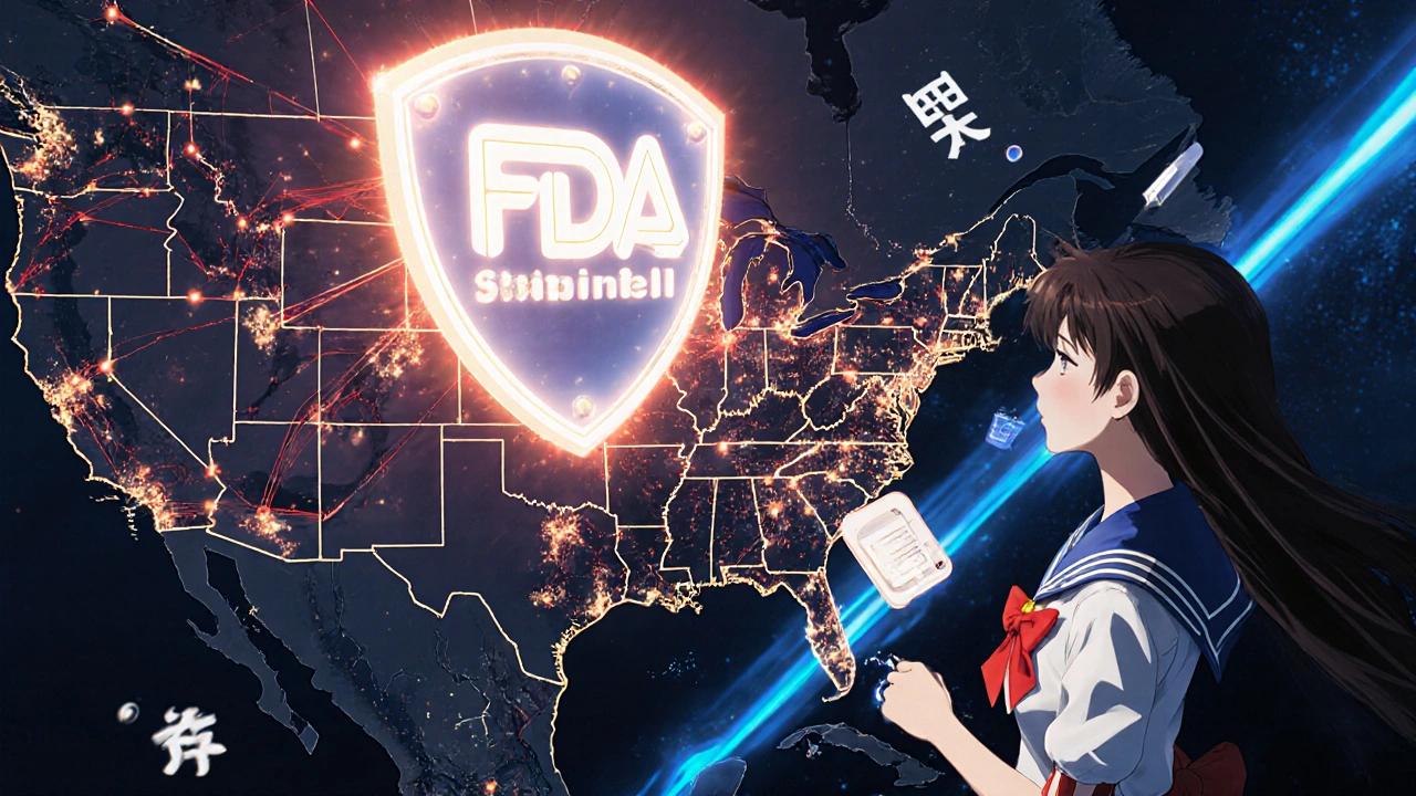 A glowing FDA sentinel shield connects millions of data points across a digital map of North America.