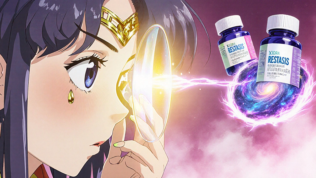 A glowing protective shield forms over an eye as eye drops activate, with floating prescription bottles in the background.