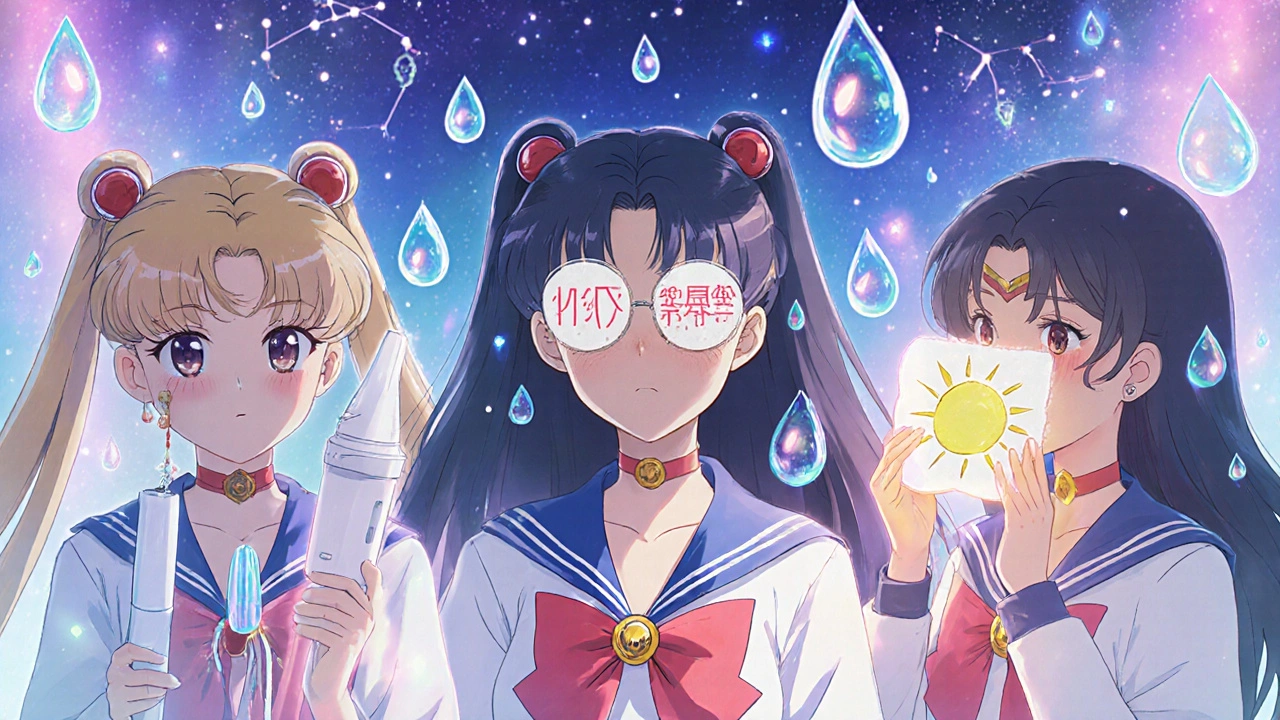 A group of patients use dry eye tools in a dreamy clinic, surrounded by floating tear crystals and healing symbols.