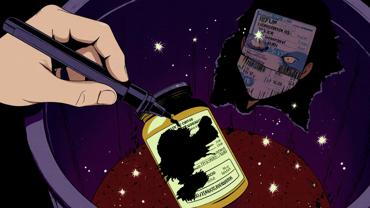 A hand marking a prescription label with a black pen, faint text still visible under infrared light, shadowy thief watching.