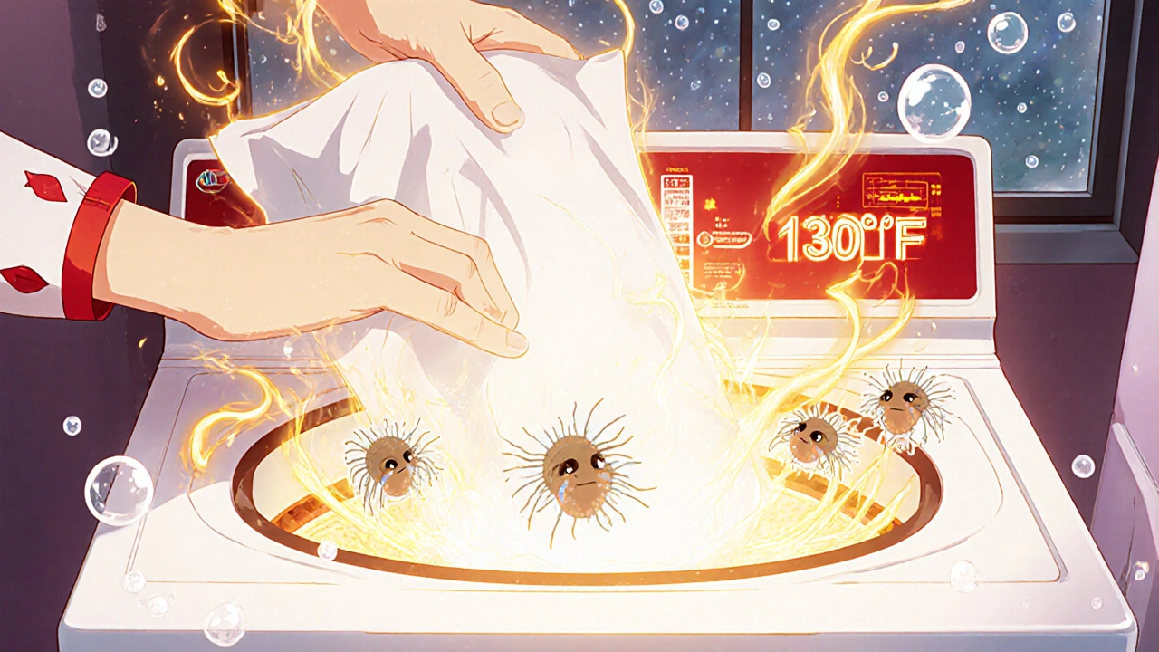 A hand washing bedding in a glowing machine with steam and dust mites vanishing in hot water.