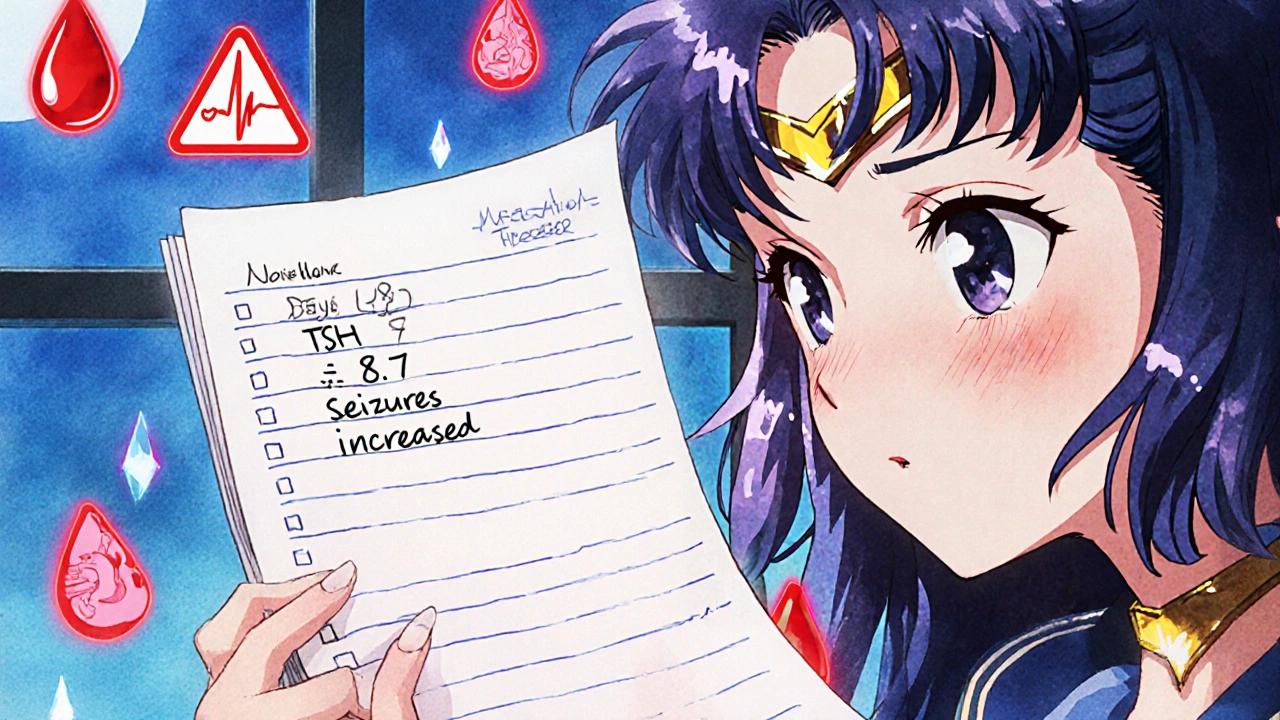 A hand writing in a medication logbook with glowing health icons and tearful expression under moonlight.