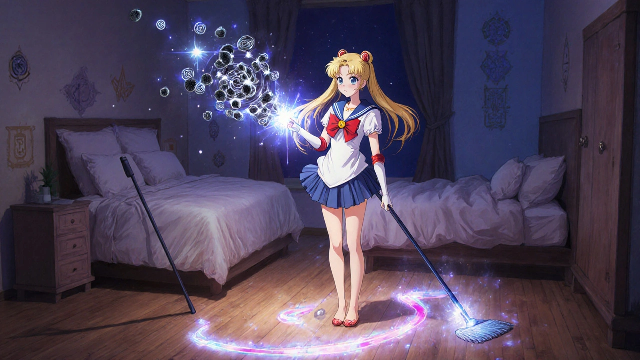 A heroine using a magical vacuum to clean allergens while protective encasements glow around her bed.